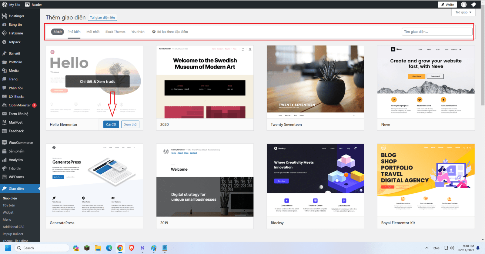 Hướng dẫn 3 cách cài đặt giao diện (theme) cho website Wordpress 4 Chọn theme