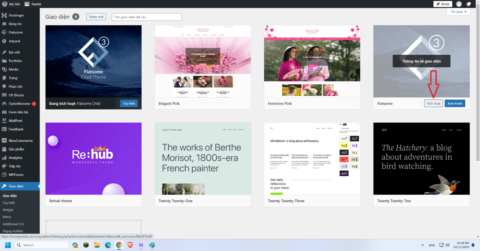 Hướng dẫn 3 cách cài đặt giao diện (theme) cho website Wordpress 8 Kich hoạt theme