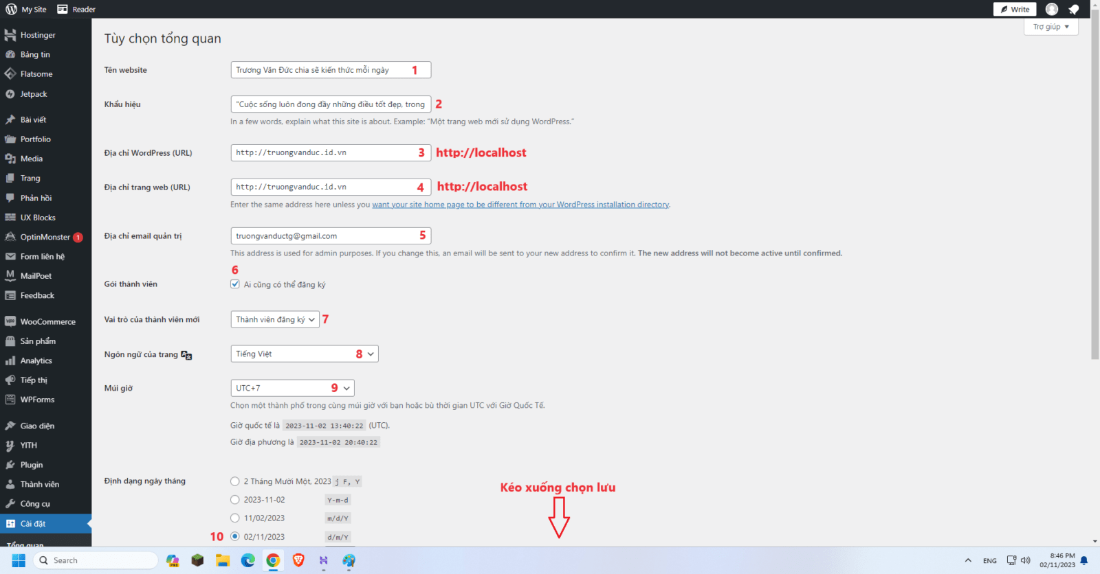Thiết lập thông số cho web