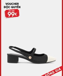 Giày Cao Gót Slingback Gót Vuông Phối Toecap Và Khóa Trang Trí